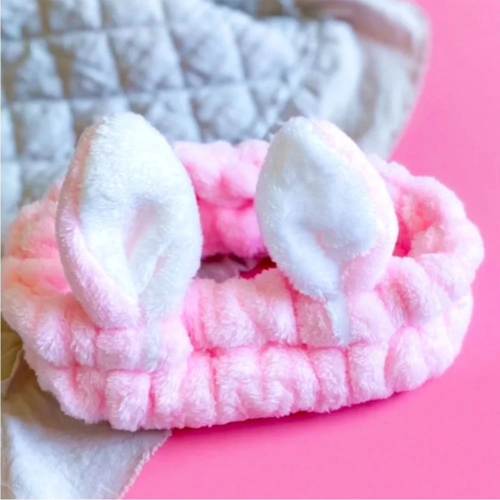 Makeup Headband Pink Bunny Ears Soft Plush Skincare Headband Spa Headband
